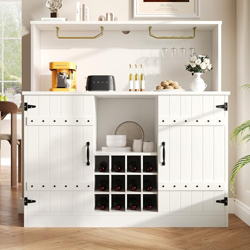 Sideboard Holzmaserung Mehrschichtiger Stauraum Trennwand Weinglasregal Buffetschrank mit 3 Türen für Wohnzimmer Schlafzimmer Esszimmer Cabinet Weiß von Generic