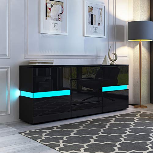 Sideboard Schrank Modern Wohnzimmer Anrichte Möbel 2 Türen 4 Schubladen Hochglanz TV Lowboard mit LED Licht 177x35x72cm - Schwarz von Generic