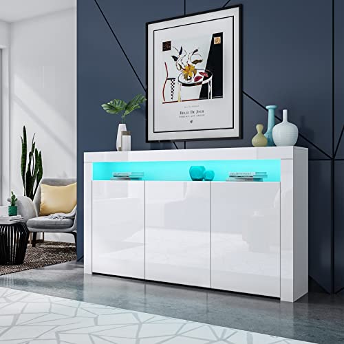 Sideboard Schrank Modern Wohnzimmer Anrichte Möbel 3 Türen Hochglanz TV Lowboard mit LED Licht 152x35x97cm - Weiß von Generic