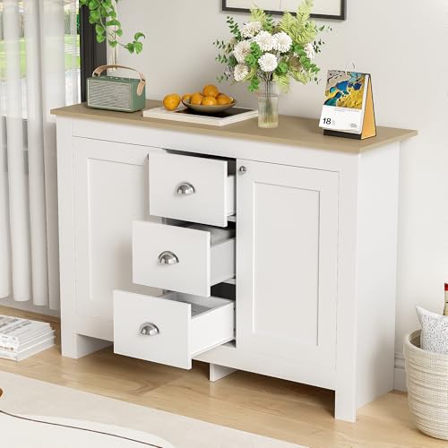 Sideboard mit 2 Türen und 3 Schubladen Kommode mit Verstellbarem Regal und Soft-Close-Scharnieren Buffetschrank für Wohnzimmer Schlafzimmer Esszimmer Kabinett Holz Weiß von Generic