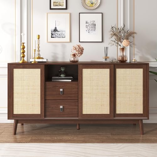 Sideboard mit 3 Schiebetüren aus echtem Rattan und 2 Schubladen Stauraum Kommode für Wohnzimmer Schlafzimmer Esszimmer Küchenschrank Anrichte Braun 155x38x80 cm von Generic
