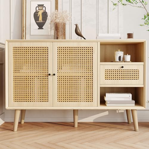 Sideboard mit 3 Schubladen und 3 Schiebetüren – Kommode mit Rattangeflecht, verstellbaren Ablagen, Massivholzbeinen und goldenen Griffen für Wohnzimmer, Esszimmer, Flur von Generic