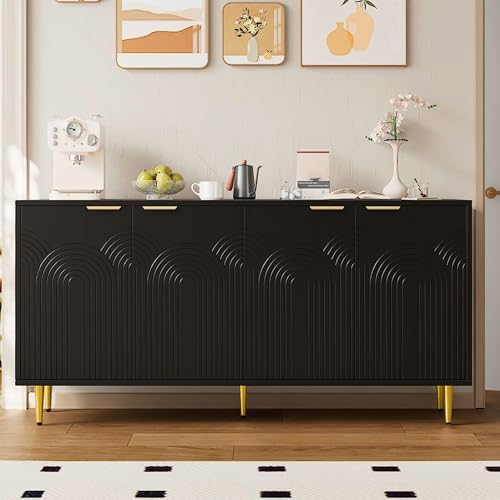 Sideboard mit 4 Türen Goldene Gebürstete Griffe Hochglanz Tischbeine Buffet für Küche Esszimmer Wohnzimmer Anrichte Modernes Kabinett Lagerschränke Schwarz von Generic