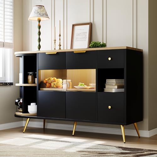 Sideboard mit Glasschiebetüren Schubladen Kommode mit LED-Leuchten Freistehende Buffet für Wohnzimmer Esszimmer Küche Anrichte Holz Kabinett Schwarz Sideboard mit Glasschiebetüren Schubladen Kommode mit LED-Leuchten Freistehende Buffet für Wohnzimmer Esszimmer Küche Anrichte Holz Kabinett Schwarz von Generic