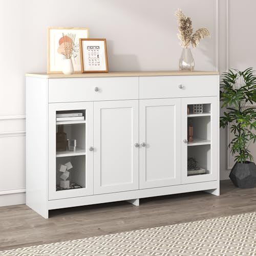 Sideboard mit Holzmaserung, 4 Türen & 2 Schubladen, Glastür, verstellbare Regalböden, Elegantes Buffetschrank für Wohnzimmer, Esszimmer oder Küche, praktische Aufbewahrung Sideboard mit Holzmaserung, 4 Türen & 2 Schubladen, Glastür, verstellbare Regalböden, Elegantes Buffetschrank für Wohnzimmer, Esszimmer oder Küche, praktische Aufbewahrung von Generic