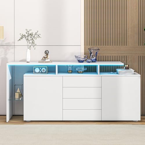 Sideboard mit LED Kommode mit 2 Türen 4 Schubladen Hochglanz TV-Schrank Standschrank für Wohnzimmer Schlafzimmer Esszimmer Vitrine Buffetschrank Weiß von Generic