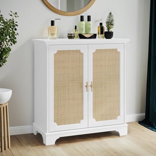 Sideboard mit Rattan-Dekortüren, Buffet- und Weinschrank mit verstellbaren Einlegeböden, Massivholzbeine, multifunktionaler Aufbewahrungsschrank für Wohnzimmer, Flur und Küche, Weiß, 80x38x86cm Sideboard mit Rattan-Dekortüren, Buffet- und Weinschrank mit verstellbaren Einlegeböden, Massivholzbeine, multifunktionaler Aufbewahrungsschrank für Wohnzimmer, Flur und Küche, Weiß, 80x38x86cm von Generic
