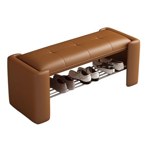 Sitzbank Mit Stauraum Rahmen Aus Holz Leder Umwickelt Schuhbank Mit Sitzfläche Gepolsterte Sitzbank Mit Gitterablage for Eingangsbereich, Flur, Wohnzimmer(Orange,120cm) von Generic