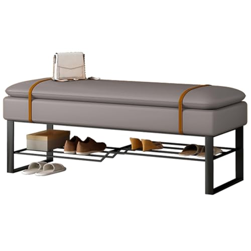 Sitzbank mit Schuhregal Schwarz Rahmen aus Karbonstahl Schuhbank 2 Ebenen Komfortabel Gepolstert PU Bettbank Multifunktional für Eingang Flur Schlafzimmer(Gray,47.24in/120cm) von Generic