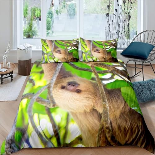 Sloth Bettwäsche 180x200 Süßes Sloth Bettwäsche Set, 3D Bettbezug Set Weich Microfaser Bettbezüge 3 Teilig Tiere Wendebettwäsche für Doppelbett, mit 2 Kissenbezüge b1888 von Generic
