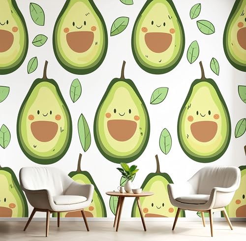 Smiley-Avocado Tapete Selbstklebende Tapete Niedlicher Cartoon-Stil Mustertapete Grün Tapeten Wohnzimmer Muster Möbelfolie Schlafzimmer Flur Wand Dekoration 350×256Cm von Generic