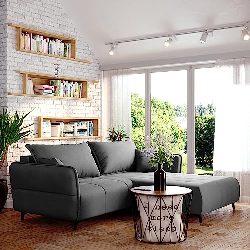 Sofa Isabell mit Bettkasten Schlafsofa Polstersofa mit Schlaffunktion Klappsofa Couch mit Schwarzen Füßen Sofagarnitur Wohnzimmer Gastzimmer (Sofa L-Form, Grau) von Generic