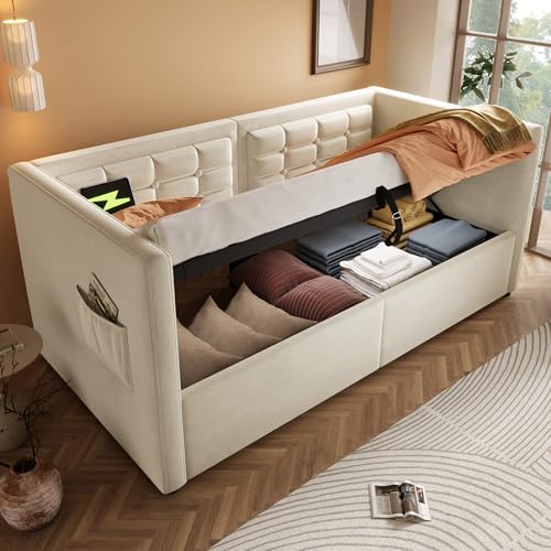 Sofabett mit USB Type-C Ladestation Hydraulischer Polsterbett mit Armlehnen Holz Lattenrost Einzelbett für Erwachsene Stauraumbetten Bettkasten Gästebett Ohne Matratze Beige 90x200 cm von Generic