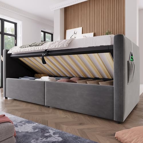Sofabett mit USB Type-C Ladestation Hydraulischer Polsterbett mit Armlehnen Holz Lattenrost Einzelbett für Erwachsene Stauraumbetten Bettkasten Gästebett Ohne Matratze Grau 90x190 cm Sofabett mit USB Type-C Ladestation Hydraulischer Polsterbett mit Armlehnen Holz Lattenrost Einzelbett für Erwachsene Stauraumbetten Bettkasten Gästebett Ohne Matratze Grau 90x190 cm von Generic