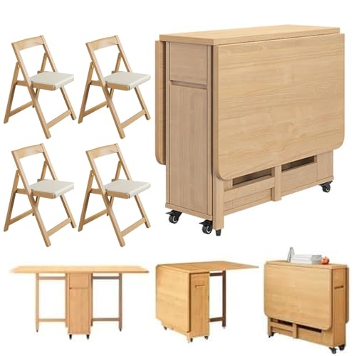 Solid Wood Drop Leaf Dining Table with 4 Chairs & Storage Drawer - Space Saving Retractable Table for Dining Rooms, Balconies & Small Spaces, Modern Living von Generic