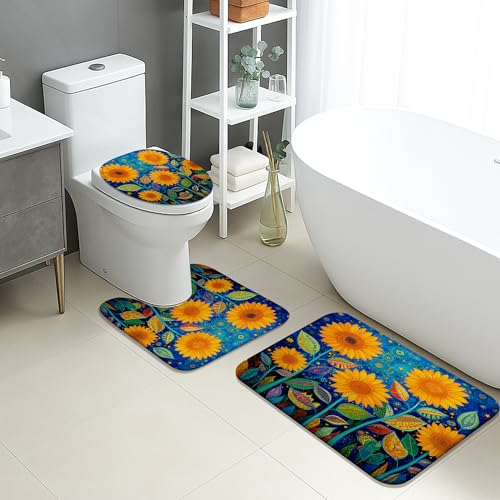 Sommer-Badematten-Set, 3-teilig, helle Sonnenblumen, saugfähig, rutschfest, WC-Vorleger, U-förmig, waschbar, lebendige Natur, schnell trocknend, Memory-Schaum, Badezimmerteppich-Set von Generic