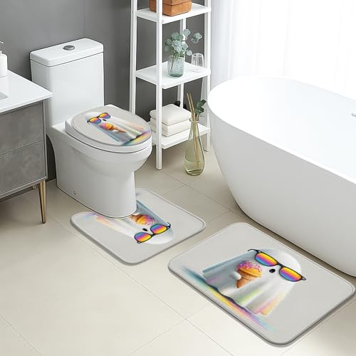 Sommer-Badematten-Set, 3-teilig, niedlicher Pinguin-Eiscreme, rutschfest, U-förmig, waschbar, lustig, bunt, schnell trocknend, Flanell-Badezimmerteppich-Set von Generic
