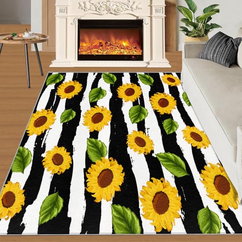 Sonnenblume Teppich Geometrische Streifen Kinderteppiche Moderne Abstrakte Schwarz Weiß Illustration 70x120 Rug Sonnenblume Vorleger Rutschfester Teppich Für Stark Frequentierte Bereiche von BEQUTIY