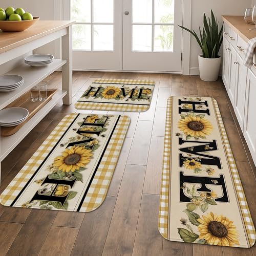 Sonnenblumen-Küchenmatten für Boden, Vintage-Blumenmuster, weich, gepolstert, bequem, waschbar, rutschfest, Dekor-Teppiche für Küche, Waschbecken, Waschküche, Badezimmer, 3 Stück Sonnenblumen-Küchenmatten für Boden, Vintage-Blumenmuster, weich, gepolstert, bequem, waschbar, rutschfest, Dekor-Teppiche für Küche, Waschbecken, Waschküche, Badezimmer, 3 Stück von Generic