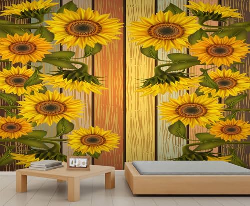Sonnenblumen Wandbild Blatt Wandbild Tapete Holzstruktur Hintergrundbild Natur Tapete für Mädchen Schlafzimmer Wandbilder Wohnzimmer Gemälde Poster 350 X 256 cm von Generic