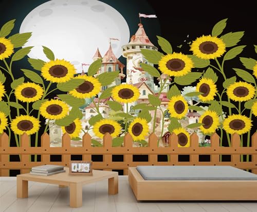 Sonnenblumen Wandbild Märchen Fantasie Schloss Wandtapete Holzzaun Tapete Mond Tapete für Schlafzimmer Wohnzimmer Poster 490 X 350 cm von Generic