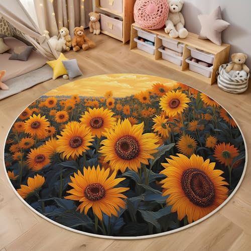 Sonnenblumenfeld Teppich Rund 240 cm Ländlicher Pastoraler Stil rutschfest Teppiche Wohnzimmer Runder Waschbar Teppiche Kurzflor Weich Runder Teppich Gelb for Wohnzimmer Schlafzimmer Studie Heimbüro von Generic