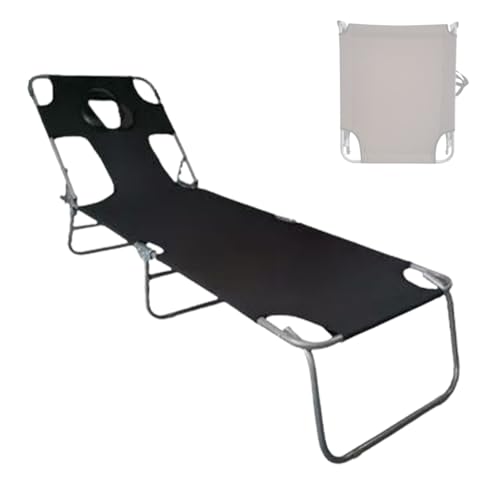 Sonnenliege Klappbar Mit Loch Für Kopf Und Arme, 4-Stufig Verstellbarer Rückenlehne Strandliege, Wasserfester Oxfordstoff Für Strand Garten Balkon(Black) von Generic