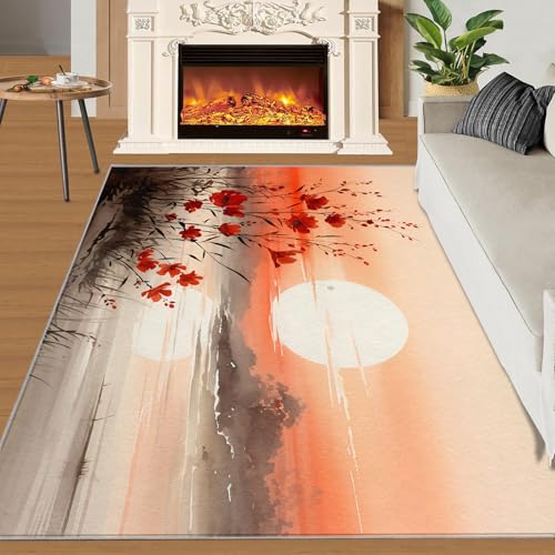 Sonnenuntergang Teppich Berge See Seeblumen Wohnzimmerteppiche Tuschemalerei 160x230 Rug Wunderschöner Sonnenuntergang Vorleger Rutschfester Teppich Für Stark Frequentierte Bereiche von BEQUTIY