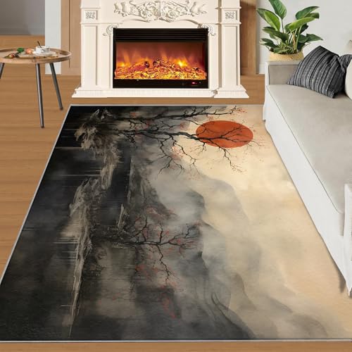 Sonnenuntergang Teppich Berge Wald Zweige Schlafzimmerteppiche Abstrakte Tuschemalerei 140x200 Rug Naturlandschaft Vorleger Rutschfester Teppich Für Stark Frequentierte Bereiche von BEQUTIY