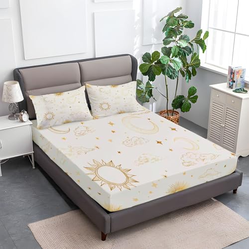 Spannbettlaken 140 x 200 cm Kinder Matratzenschoner, 100% Mikrofaser Spannbetttuch Einfache Elemente des Himmlischen Universums für bis 25-30 cm Matraze, Beige von Generic