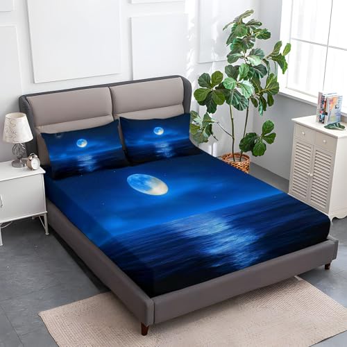 Spannbettlaken 140 x 200 cm Kinder Matratzenschoner, 100% Mikrofaser Spannbetttuch Nachthimmel Mond Meer für bis 25-30 cm Matraze, Dunkelblau von Generic
