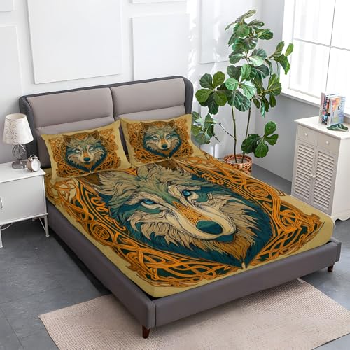 Spannbettlaken 140 x 200 cm Kinder Matratzenschoner, 100% Mikrofaser Spannbetttuch Retro-Tier-Wolfskopfmuster für bis 25-30 cm Matraze, Gelb von Generic