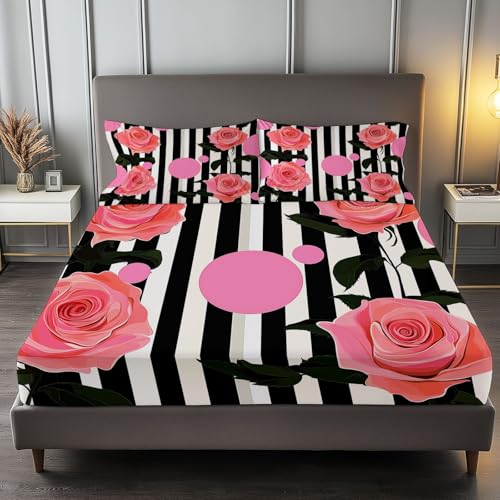 Spannbettlaken 140 x 200 cm Kinder Matratzenschoner, 100% Mikrofaser Spannbetttuch Schwarz-Weiß Gestreifte Rosen für bis 25-30 cm Matraze, Mehrfarbig Spannbettlaken 140 x 200 cm Kinder Matratzenschoner, 100% Mikrofaser Spannbetttuch Schwarz-Weiß Gestreifte Rosen für bis 25-30 cm Matraze, Mehrfarbig von Generic