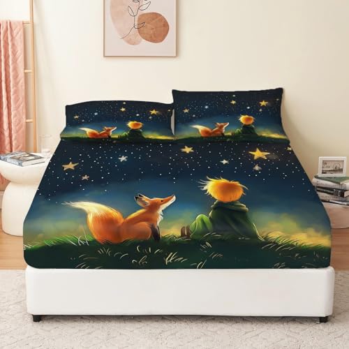 Spannbettlaken 140 x 200 cm Matratzenschoner Der kleine Prinz und Sein Fuchs Spannbetttuch Weiche Microfaser Mehrfarbig geeignet für Matratzen bis 30cmWird mit Zwei Kissenbezügen geliefert von Generic