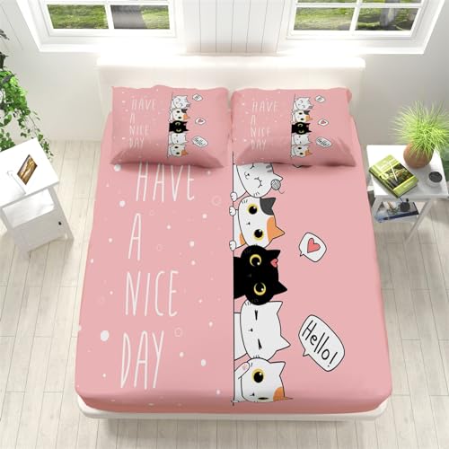 Spannbettlaken 140x200 cm Rosa Cartoon-Katze 100% Gebürstete Mikrofaser - Superweiches Jersey Spannbetttuch für Matratze, Boxspringbett oder Topper - 30cm Matratzenhöhe von Generic