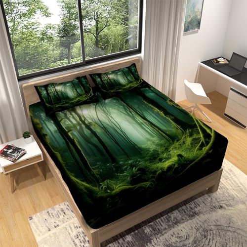 Spannbettlaken 140x200cm Wald-Sonnenschein-Schönheit Grün Spannbetttücher 100% Weiche Mikrofaser, Bed Sheets bis 30 cm Höhe für Boxspringbett Wasserbett mit 2 Kissenbezügen von Generic