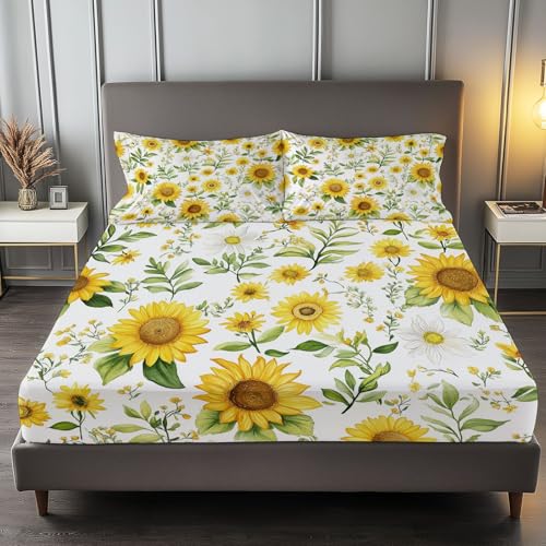 Spannbettlaken 160 x 200 cm Kinder Matratzenschoner, 100% Mikrofaser Spannbetttuch Aquarell Sonnenblumen Und Gänseblümchen für bis 25-30 cm Matraze, Creme Spannbettlaken 160 x 200 cm Kinder Matratzenschoner, 100% Mikrofaser Spannbetttuch Aquarell Sonnenblumen Und Gänseblümchen für bis 25-30 cm Matraze, Creme von Generic
