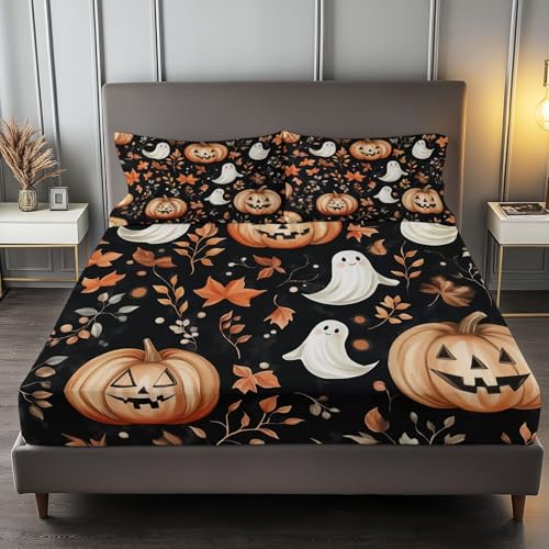 Spannbettlaken 180 x 200 cm Kinder Matratzenschoner, 100% Mikrofaser Spannbetttuch Kürbisgeister Zum Thema Halloween für bis 25-30 cm Matraze, Schwarz von Generic