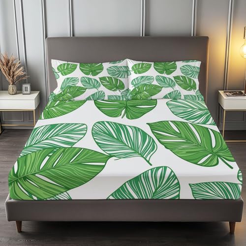 Spannbettlaken 200 x 200 cm Kinder Matratzenschoner, 100% Mikrofaser Spannbetttuch Blätter Tropischer Pflanzen für bis 25-30 cm Matraze, Grün von Generic