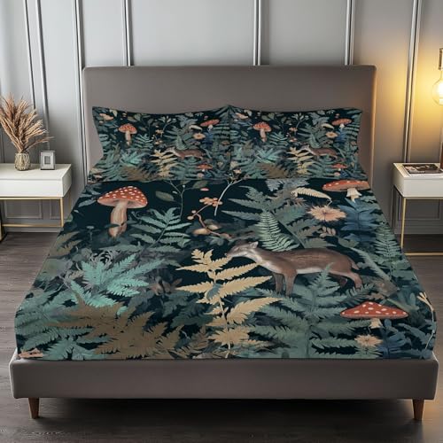 Spannbettlaken 200 x 200 cm Kinder Matratzenschoner, 100% Mikrofaser Spannbetttuch Waldszene Pflanzen Und Tiere für bis 25-30 cm Matraze, Dunkelgrün von Generic