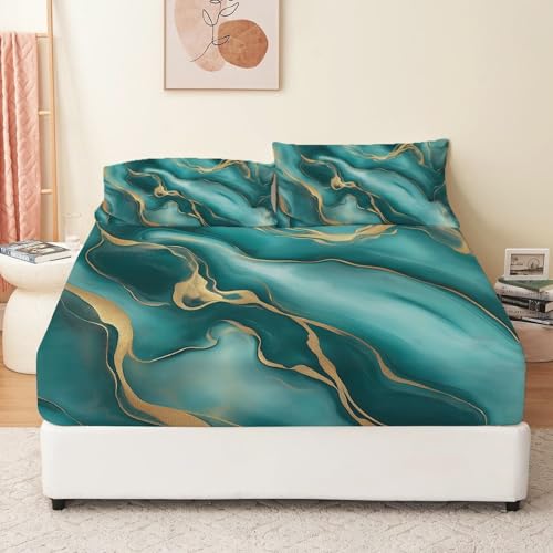Spannbettlaken 3-Teiliges Set 160 X 200 cm 100% Microfaser Abstrakt Textur Fluss Atmungsaktive & Knitterfreie Grün Gold Oberfläche Halt Durch Gummizug + 2 Kissenbezüge 80X80Cm von Generic