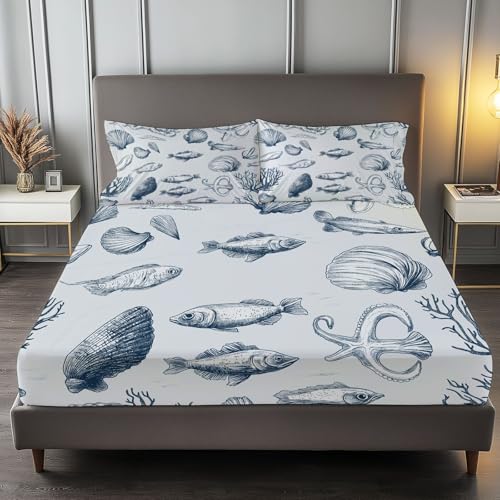Spannbettlaken 3-teiliges Set 140 x 200 cm Handgezeichnetes Meereslebewesen-Muster, Rutschfestem Spannbettlaken Mikrofaser Matratzenschoner bis 30cm Hohe für Matratzen in Vielen Größen, Hellblau Spannbettlaken 3-teiliges Set 140 x 200 cm Handgezeichnetes Meereslebewesen-Muster, Rutschfestem Spannbettlaken Mikrofaser Matratzenschoner bis 30cm Hohe für Matratzen in Vielen Größen, Hellblau von Generic