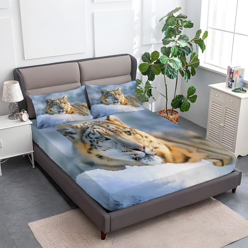 Spannbettlaken 3-teiliges Set 140 x 200 cm Leopard Im Schnee, Rutschfestem Spannbettlaken Mikrofaser Matratzenschoner bis 30cm Hohe für Matratzen in Vielen Größen, Hellblau von Generic