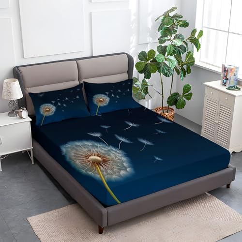 Spannbettlaken 3-teiliges Set 140 x 200 cm Minimalistischer Löwenzahn, Rutschfestem Spannbettlaken Mikrofaser Matratzenschoner bis 30cm Hohe für Matratzen in Vielen Größen, Marineblau von Generic
