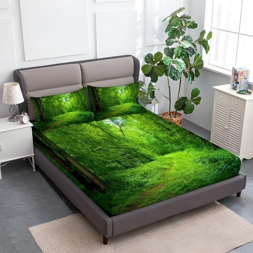 Spannbettlaken 3-teiliges Set 140 x 200 cm Naturwaldweg, Rutschfestem Spannbettlaken Mikrofaser Matratzenschoner bis 30cm Hohe für Matratzen in Vielen Größen, Grün von Generic