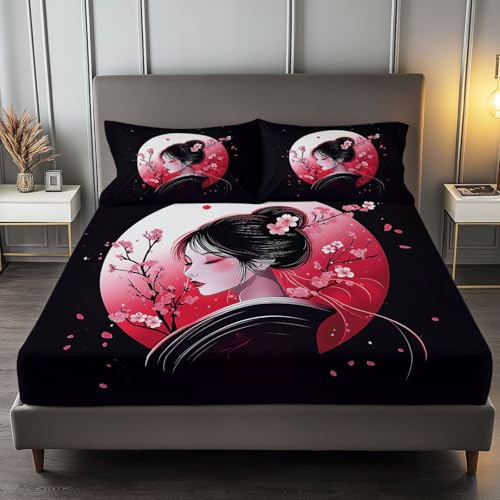 Spannbettlaken 3-teiliges Set 160 x 200 cm Japanerin Mit Blumen, Rutschfestem Spannbettlaken Mikrofaser Matratzenschoner bis 30cm Hohe für Matratzen in Vielen Größen, Schwarz Spannbettlaken 3-teiliges Set 160 x 200 cm Japanerin Mit Blumen, Rutschfestem Spannbettlaken Mikrofaser Matratzenschoner bis 30cm Hohe für Matratzen in Vielen Größen, Schwarz von Generic