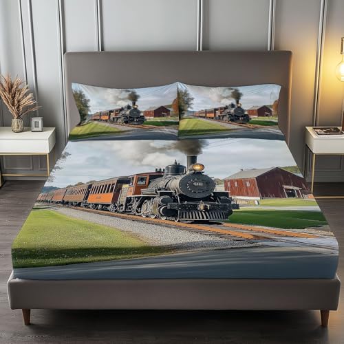 Spannbettlaken 3-teiliges Set 160 x 200 cm Ländliche Dampfmaschine, Rutschfestem Spannbettlaken Mikrofaser Matratzenschoner bis 30cm Hohe für Matratzen in Vielen Größen, Blaugrün Spannbettlaken 3-teiliges Set 160 x 200 cm Ländliche Dampfmaschine, Rutschfestem Spannbettlaken Mikrofaser Matratzenschoner bis 30cm Hohe für Matratzen in Vielen Größen, Blaugrün von Generic