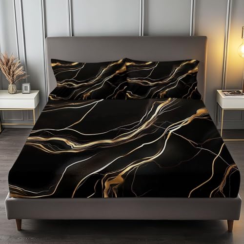 Spannbettlaken 3-teiliges Set 200 x 200 cm Abstrakte Marmor Goldene Textur, Rutschfestem Spannbettlaken Mikrofaser Matratzenschoner bis 30cm Hohe für Matratzen in Vielen Größen, Schwarz Spannbettlaken 3-teiliges Set 200 x 200 cm Abstrakte Marmor Goldene Textur, Rutschfestem Spannbettlaken Mikrofaser Matratzenschoner bis 30cm Hohe für Matratzen in Vielen Größen, Schwarz von Generic