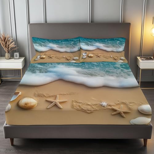 Spannbettlaken 3-teiliges Set 200 x 200 cm Wellen Seesterne Und Muscheln, Rutschfestem Spannbettlaken Mikrofaser Matratzenschoner bis 30cm Hohe für Matratzen in Vielen Größen, Gelb Blau von Generic