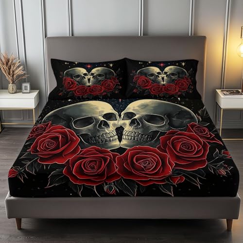 Spannbettlaken 3-teiliges Set 90 x 200 cm Verliebte Fantasy-Totenköpfe, Rutschfestem Spannbettlaken Mikrofaser Matratzenschoner bis 30cm Hohe für Matratzen in Vielen Größen, Schwarz Spannbettlaken 3-teiliges Set 90 x 200 cm Verliebte Fantasy-Totenköpfe, Rutschfestem Spannbettlaken Mikrofaser Matratzenschoner bis 30cm Hohe für Matratzen in Vielen Größen, Schwarz von Generic
